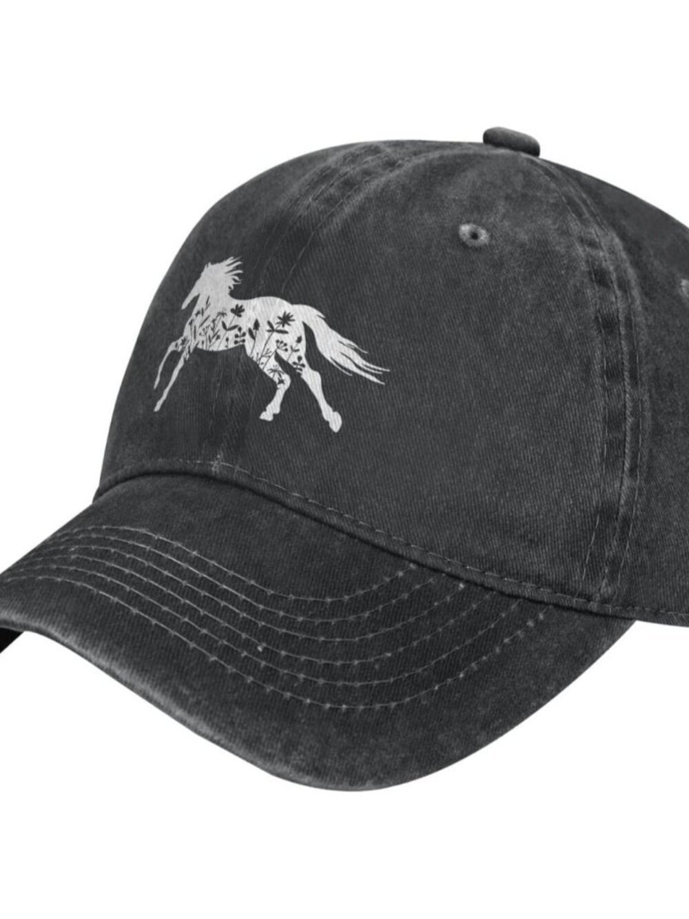 Women's Floral and Horse Hat Adjustable Washed Vintage Baseball Cap Black